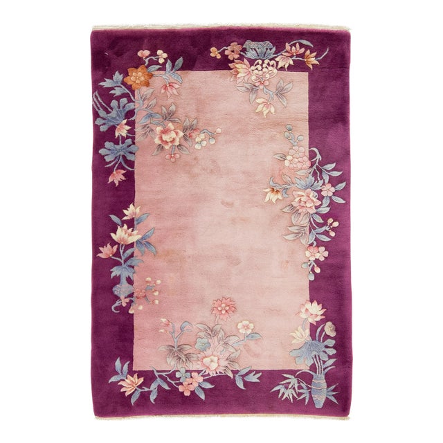4 X 6 Antique Chinese Art Deco Pink Wool Rug With Floral Design For Sale