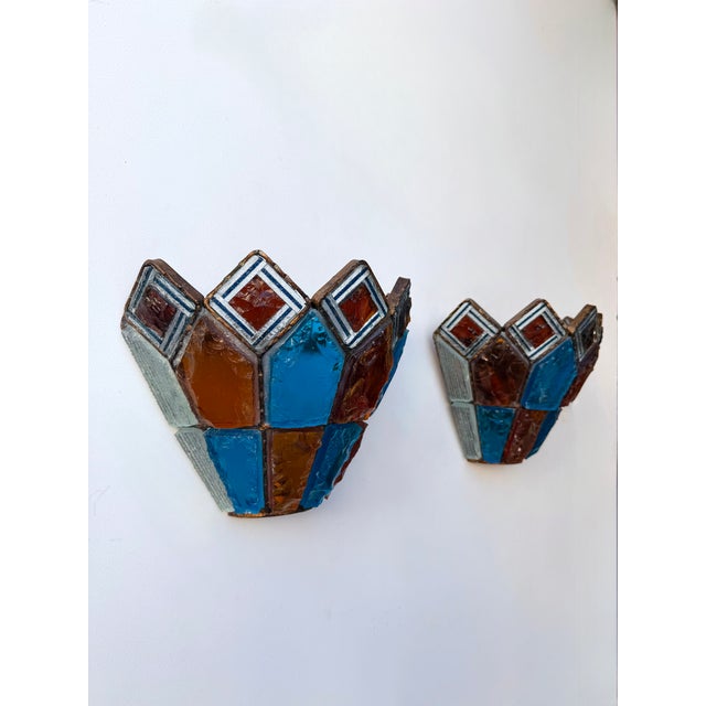 1970s Pair of Hammered Glass Wrought Iron Sconces by Longobard, Italy, 1970s For Sale - Image 5 of 12