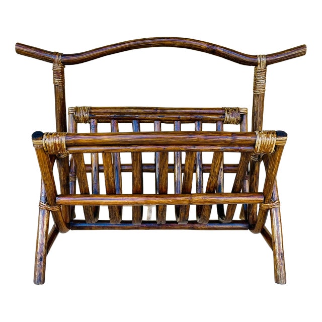 Vintage Bamboo Rattan Magazine Rack, 1970s For Sale