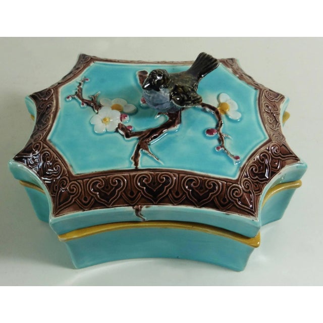 19th Victorian Majolica turquoise box with a bird handle and white flowers attributed to Joseph Holdcroft. Very rare shape...