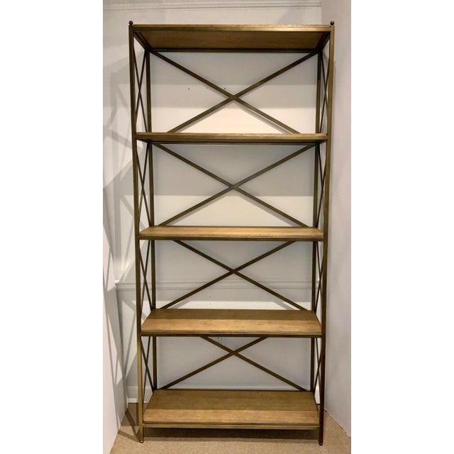 Original retail $3750, stylish Century Organic Modern Nob Hill Etagere, antique brass finished metal frame, wood shelves,...