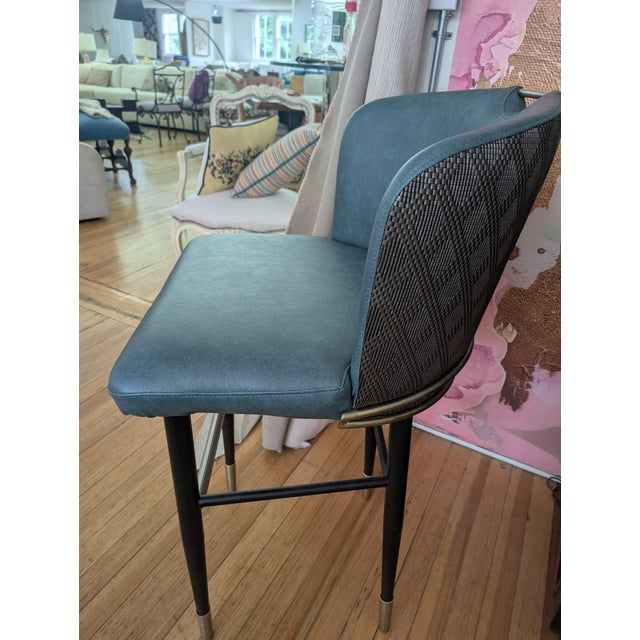 Contemporary Set of 4 Superior Seating Hospitality Teal Kravet Vinyl Barstools For Sale - Image 3 of 8