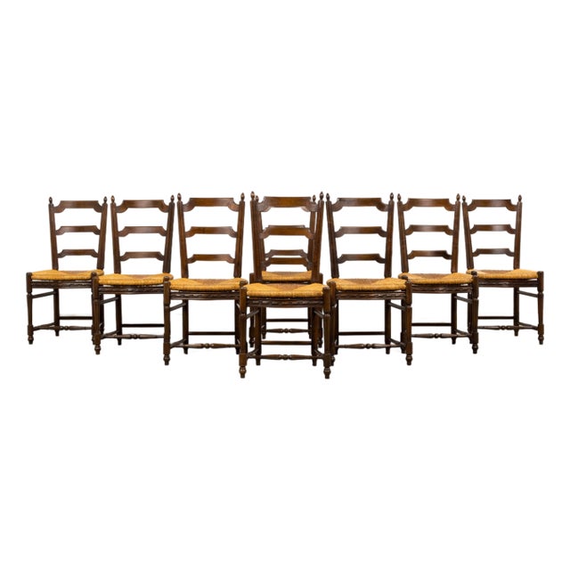 Antique French Louis XVI Style Ladder Back Walnut Dining Chairs W/ Rush Seats - Set of 8 For Sale