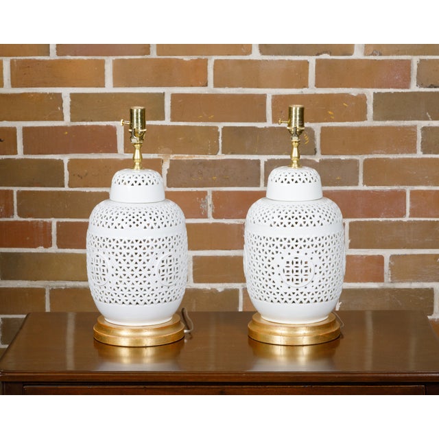 1920s White Porcelain Asian Vases with Geometric Décor Made into Table Lamps - a Pair For Sale - Image 4 of 9