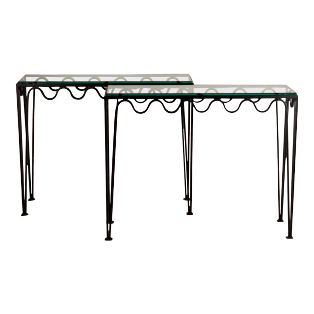 Pair of 'Méandre' Wrought Iron and Glass Consoles by Design Frères For Sale