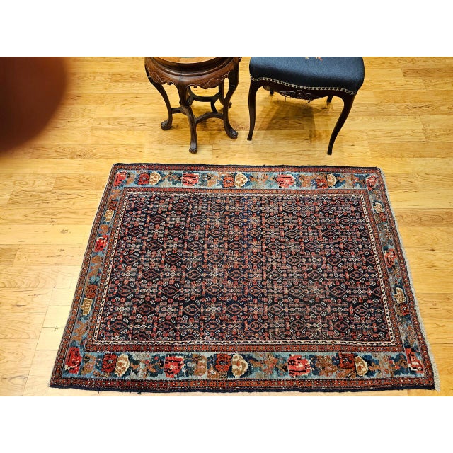 Navy Blue Antique Persian Senneh Area Rug, Hand-Knotted Wool, Herati Pattern & Gol Farang Border, Navy & Light Blue, 4x5 For Sale - Image 8 of 18