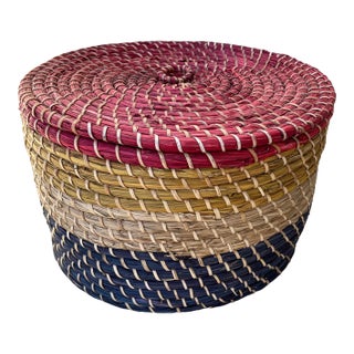 Vintage Med. Size Straw Coiled Multi-Color Basket For Sale