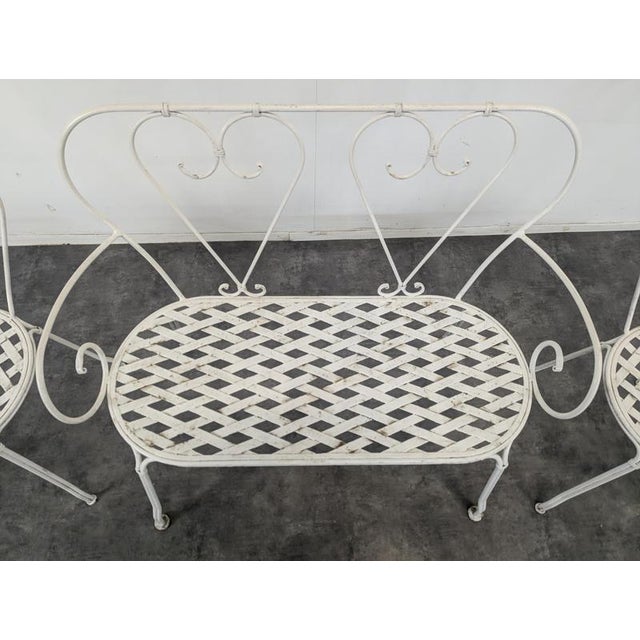 Metal Wrought Iron Garden Table, Chairs and Bench, 1900s, Set of 4 For Sale - Image 7 of 11