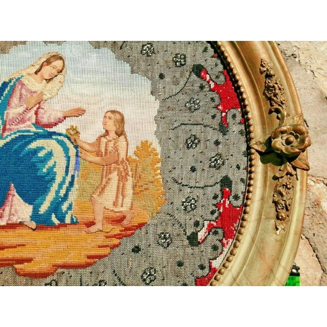 19th Century Antique French Hand Stitched Framed Needlepoint Tapestry "Ste Marie" For Sale In Miami - Image 6 of 13