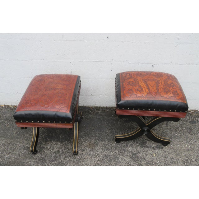 Hollywood Regency Painted Leather Vanity Ottomans Footstools a Pair For Sale - Image 4 of 12