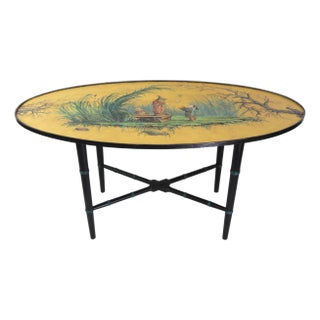 Vintage Chinoiserie Yellow Coffee Table With Hand-Painted Figures For Sale