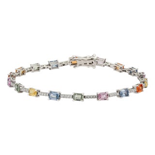 4.38ct Rainbow Multi Sapphire & Diamond Tennis Bracelet in 14k White Gold 6.5 Inch For Sale