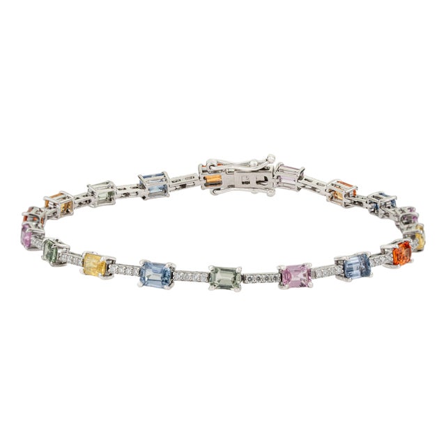 4.38ct Rainbow Multi Sapphire & Diamond Tennis Bracelet in 14k White Gold 6.5 Inch For Sale