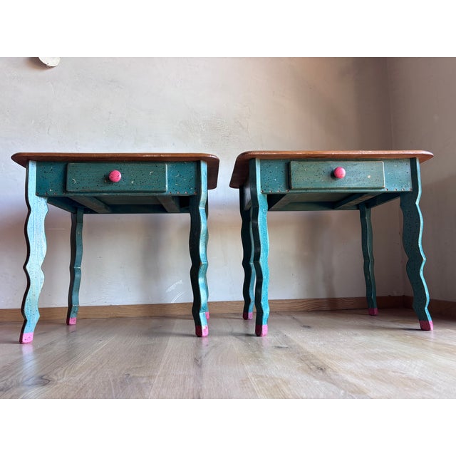 Handmade Folk Art Side Tables Nightstands David Marsh/Marsh Fun Co Handpainted Solid Ponderosa Pine Rustic Southwest Cabin Post Modern Memphis Style For Sale - Image 13 of 18