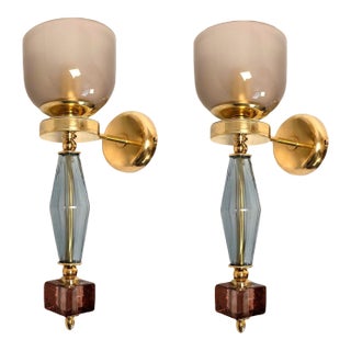1990s Pair of Blue and Purple, Mid-Century Modern, Murano Glass Sconces For Sale