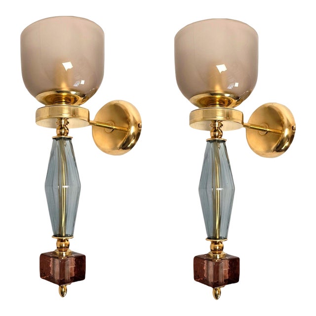 1990s Pair of Blue and Purple, Mid-Century Modern, Murano Glass Sconces For Sale
