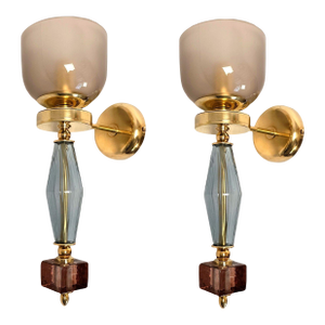 1990s Pair of Blue and Purple, Mid-Century Modern, Murano Glass Sconces