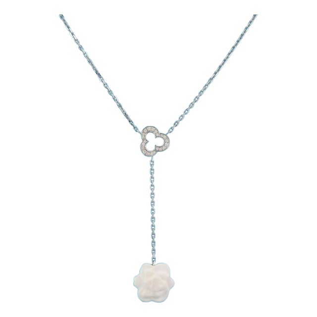 Chanel Camellia White Agate Diamond 18k White Gold Lariat Necklace For Sale