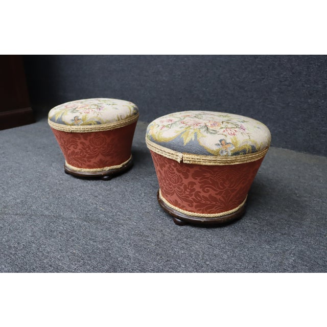 Victorian Pair of Victorian Needlepoint Upholstered Mahogany Footstools, Late 19th Century For Sale - Image 3 of 11