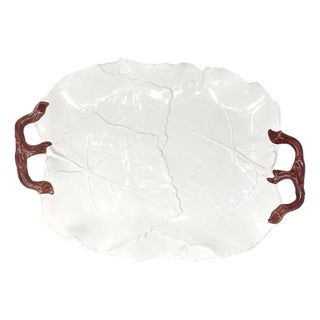 Leaf-Shaped Serving Platter — The Mane Lion, Hand-Painted Italian Ceramic For Sale