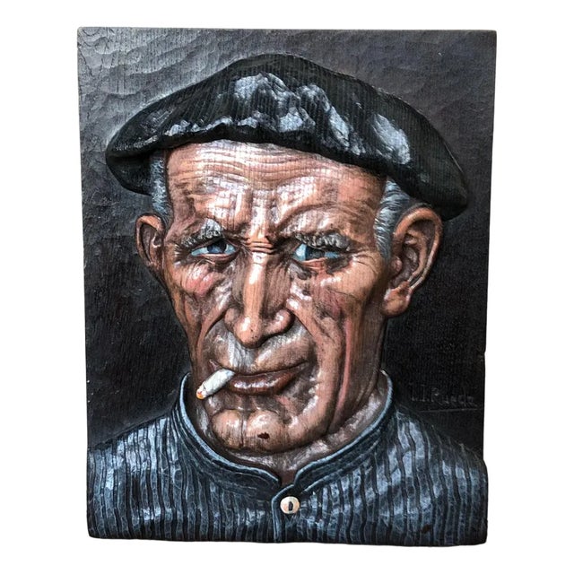 Juan Jimenez Rueda, Portrait of Man Smoking, Bas-Relief on Wood, 1960s For Sale