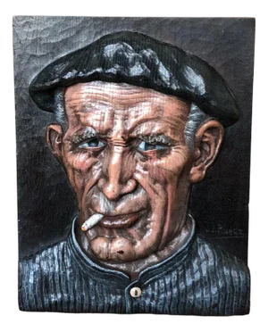 Juan Jimenez Rueda, Portrait of Man Smoking, Bas-Relief on Wood, 1960s