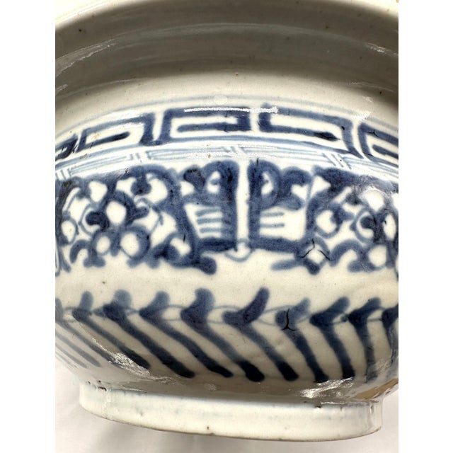 Chinoiserie Large Antique 19th Century Chinese Blue and White Porcelain Censer Bowl 11 Inch For Sale - Image 3 of 11