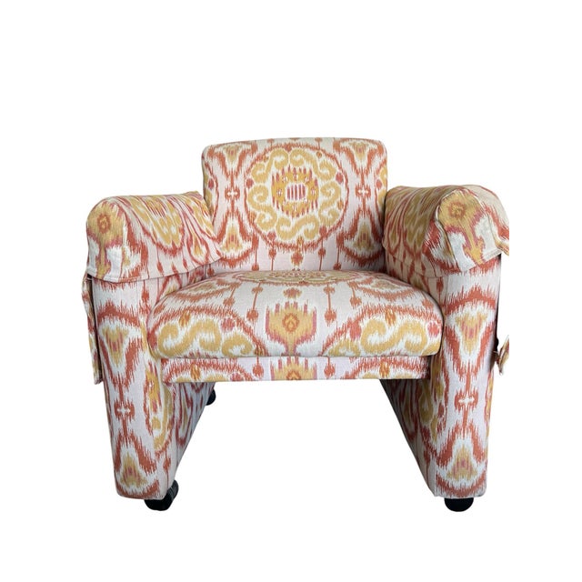 A wonderful pair of vintage upholstered armchairs/ transitional club chairs in a cotton ikat orange/yellow and cream...