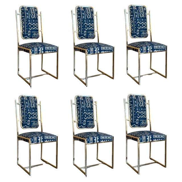 Mid 20th Century Set of Six Golden Dining Room Chairs in Brass with Geometrical Fabric For Sale - Image 15 of 18