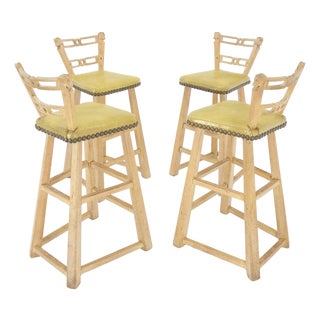 Set of 4 Arts & Crafts Style Horse Head Carving Motif Bar Stools Chairs For Sale