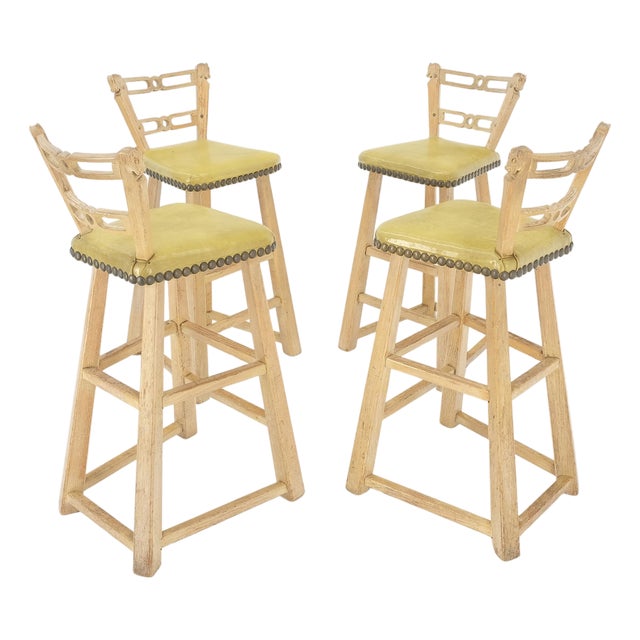 Set of 4 Arts & Crafts Style Horse Head Carving Motif Bar Stools Chairs For Sale