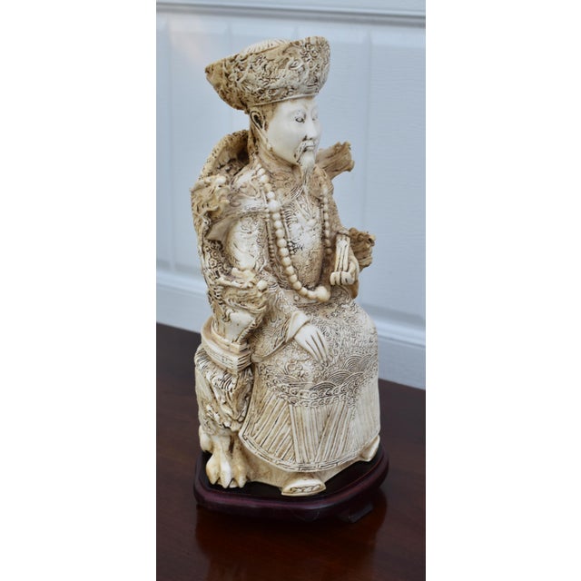Vintage Emperor Resin Statue Chinese Faux Ivory Carved Figurine Dragon Throne For Sale - Image 9 of 15