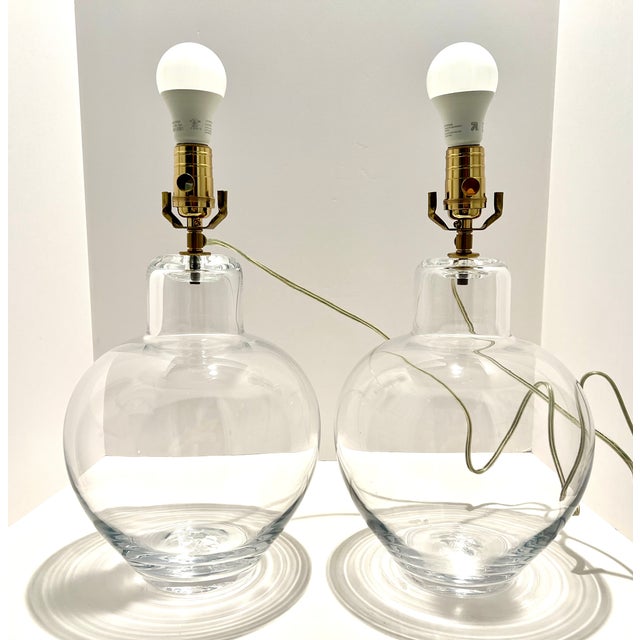 Simon Pearce Simon Pearce Hand Blown Glass Globe Table Lamps Signed 15” 3-Way - a Pair For Sale - Image 4 of 6