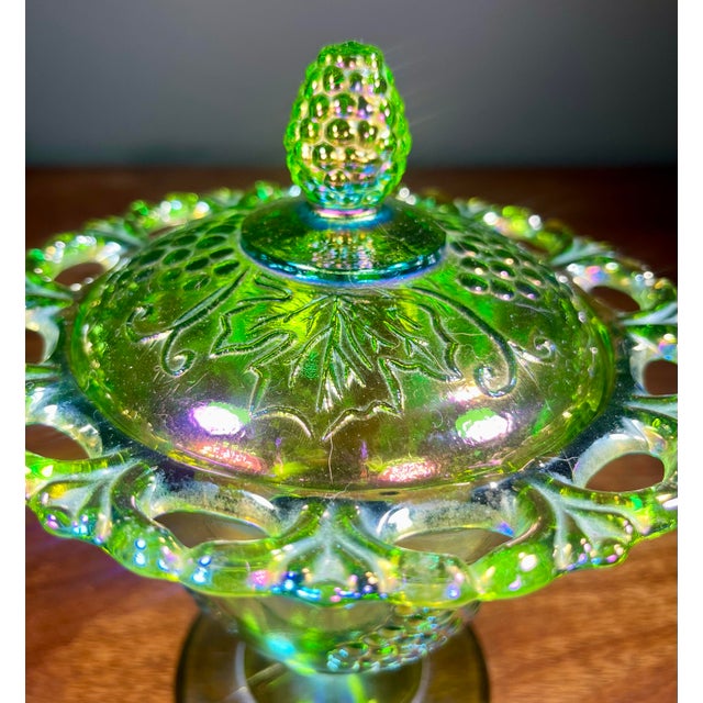 Colony Harvest Carnival Green Glass Footed Candy Dish & Lid For Sale - Image 4 of 8