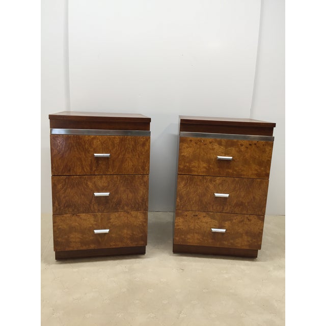 Pair of Walnut Three Drawer Nightstands With Burl Fronts and Silver Accents by National Mt. Airy For Sale - Image 13 of 14