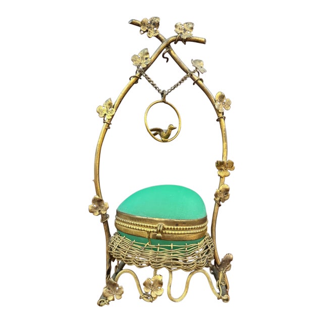 Antique French Uranium Opaline Egg Casket in Gilt Nest and Ivy Canopy Stand, Palais-Royal Taste For Sale