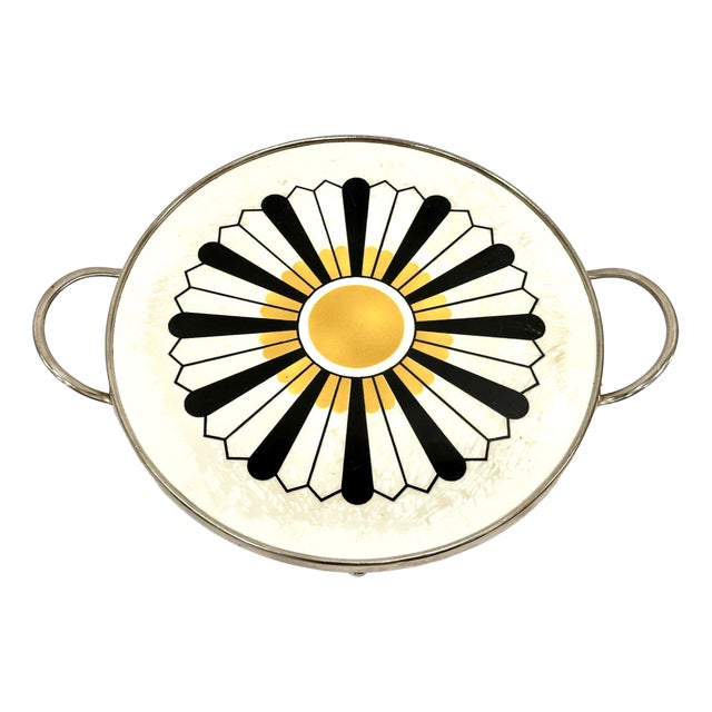 German Art Deco Ceramic Round Serving Tray with Chromed Frame, 1940s For Sale