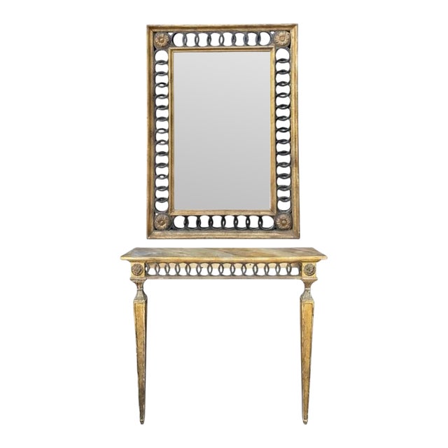 Italian Neo-Classical Style Carved Giltwood Mirror & Faux Marble Console Table For Sale