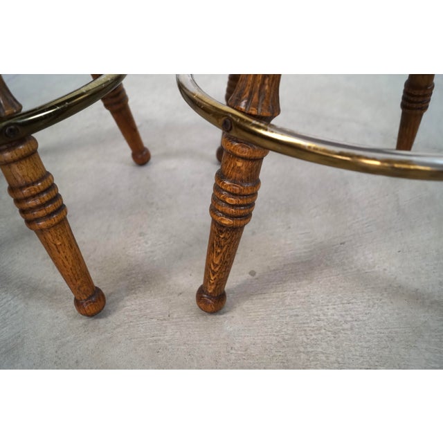 1970’s Solid Oak & Brass Tractor Swivel Counter Stools - A Pair For Sale - Image 11 of 12