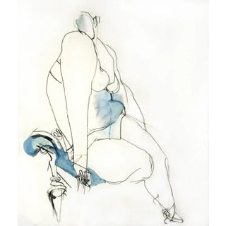 Sensual Ink Line Drawing of a Woman Seated on Fancy Bench + Soft Blue For Sale