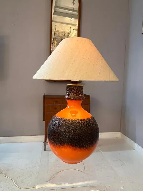 Jasba ファットラバ fat lava ミッドセンチュリー ビンテージ Orange and Brown Fat Lava Ceramic Table Lamp with Silk Shade from