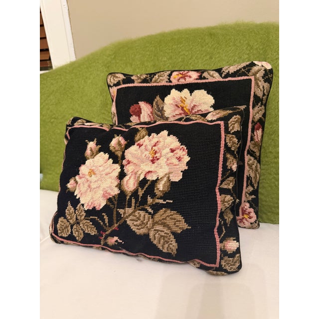 This charming set of vintage pillows are needlepoint. The back is a solid black velvet. Very well made and in nice...