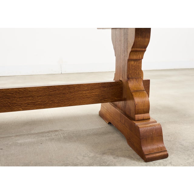 French Provincial Country Oak Trestle Farmhouse Dining Table 7Ft For Sale - Image 14 of 18