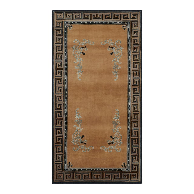 Rug & Kilim’s Chinese Art Deco Inspired Runner Rug, Brown With Greek Key Border For Sale