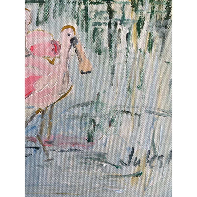 Serene and delightful painting depicting pink spoonbills wading through pristine blue water as the sun rises in Bonita...