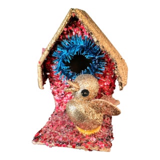 Vintage Glitter Bird House Christmas Ornament 1930s For Sale