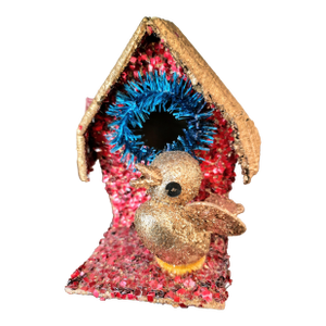Vintage Glitter Bird House Christmas Ornament 1930s