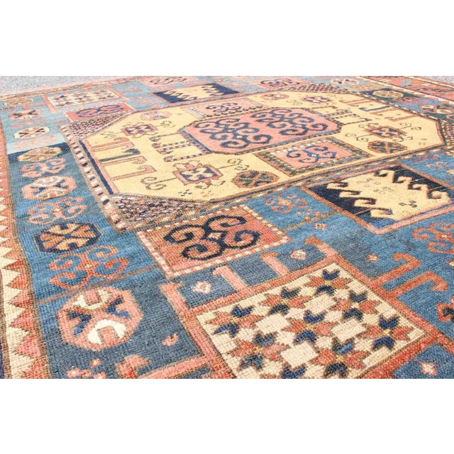 Late 19th Century Antique Caucasian Karachopt Rug Large Rug in Blue, Salmon Teal and Soft Yellow 6'1 X 7'0 For Sale - Image 5 of 7