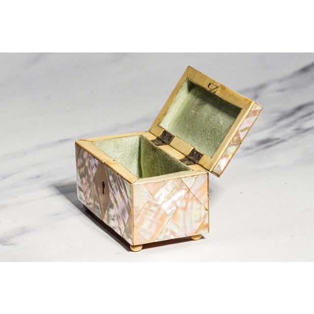 Rare Antique English Mother of Pearl Jewelry Box Victorian Miniature Keepsake Box With Key For Sale In New York - Image 6 of 14
