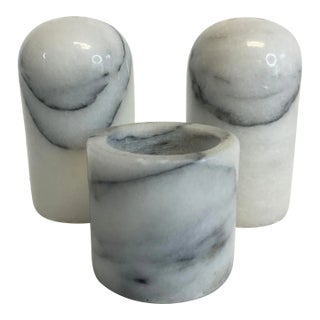 1980s Vintage Italian Modern Carrara Marble Toothpick Holder, Salt and Pepper Shakers - Set of 3 For Sale